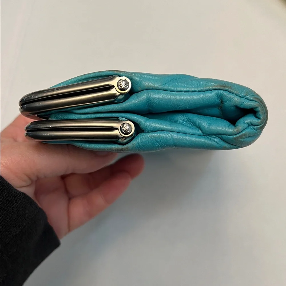HOBO LAUREN LEATHER CLUTCH VINTAGE DISTRESSED WALLET TURQUOISE